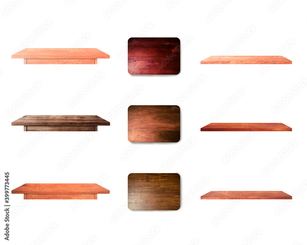 Beautiful collection wooden various of table board and shelf isolated on white background with clipping path Beautiful collection wooden various of table board and shelf isolated on white background with clipping path