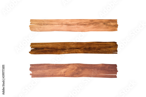 Three wooden slats isolated on white background with clipping path for design or work