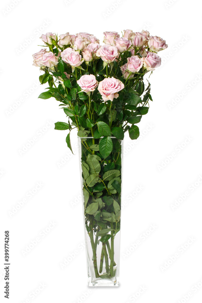 Obraz premium Bouquet of flowers in a glass vase isolated on a white background.