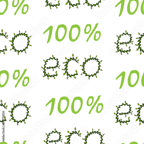 Inscription 100 per cent ECO in the form of a swirling white branch plant vines. green background. Seamless pattern organics. Hand drawing. Vector illustration. Organic food background.