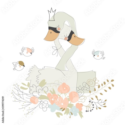 Cute cartoon couple of swans hugging on flowers
