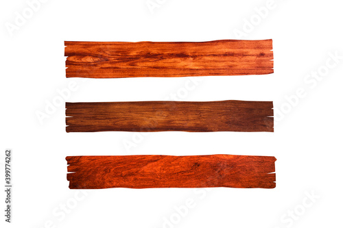 closeup view of three horizontal wooden plank isolated on white background with clipping path for design or work