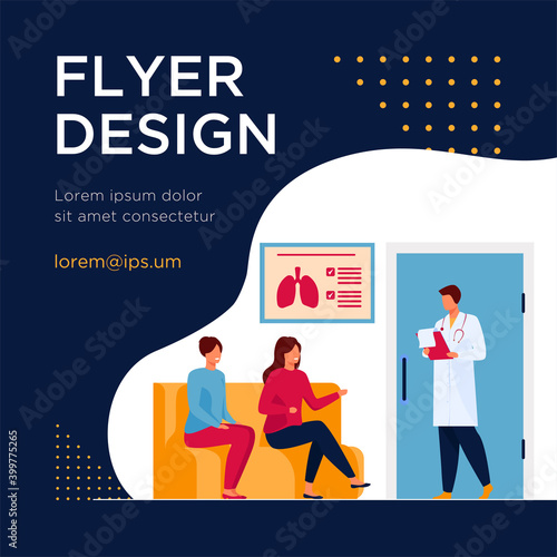 People sitting in hospital corridor and waiting for doctor. Patient, clinic, visit flat vector illustration. Medicine and healthcare concept for banner, website design or landing web page