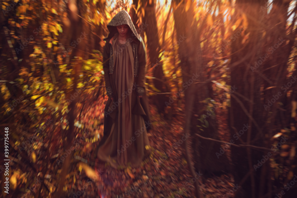 Enchantress in the autumn deciduous forest at sunset. Enchantress in the autumn deciduous forest at sunset.