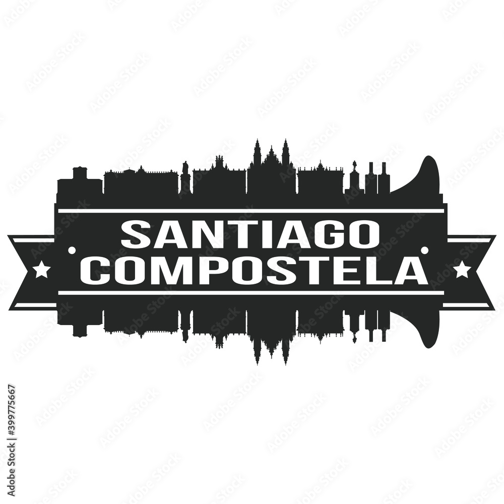 Santiago de Compostela Spain Skyline Silhouette Design City Vector Art Famous Buildings Stamp Stencil.
