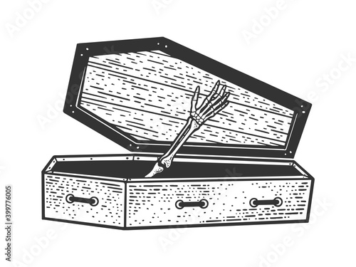 skeleton hand from coffin sketch engraving vector illustration. T-shirt apparel print design. Scratch board imitation. Black and white hand drawn image.