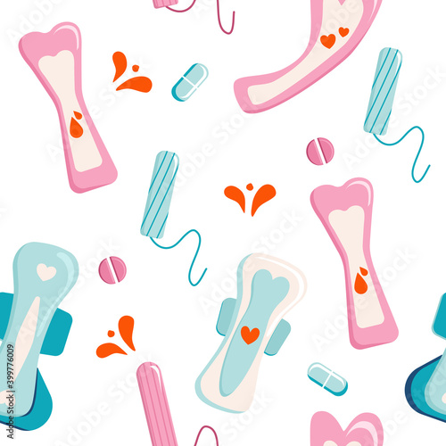 Seamless pattern with sanitary pads and tampons.Menses,periods or menstruation.Print with female hygiene products.Pills and medical capsules. Vector in flat style. Print for stationery.Pastel colored 