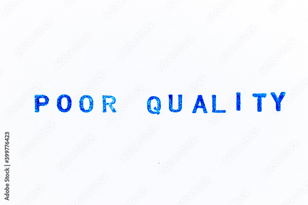 Blue color ink of rubber stamp in word poor quality on white paper background