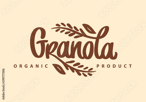 Granola organic product logo vector template. Lettering composition and spikelets. Handwritten calligraphy. Healthy food logotype for package  label.