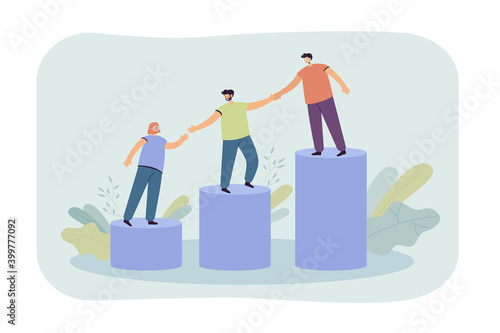 Mentor helping young employees to climb on top of growing bar chart. Team holding hands and walking upstairs together. Vector illustration for mentorship, teamwork, professional support concept