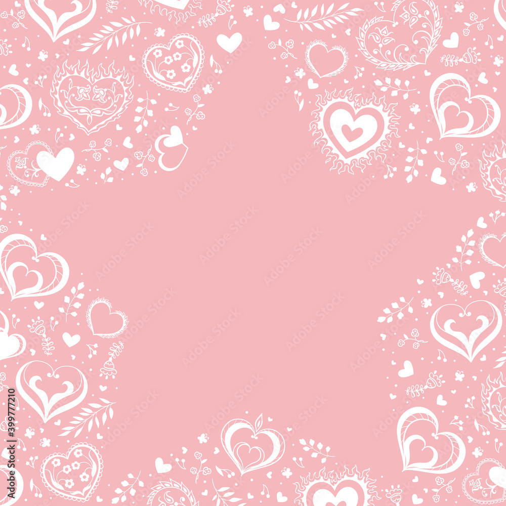 vector star frame with space for your text. Leaves, butterflies, and decorative hearts in white on a pink background.