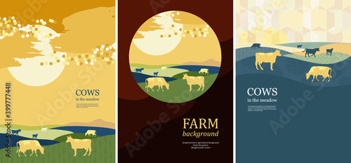 Agricultural background. Sunset. Cows made up of circles. Silhouettes of cows.