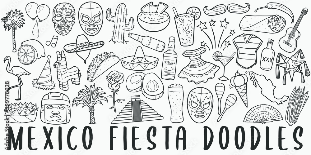 Mexico Fiesta, doodle icon set. Mexican Style Vector illustration collection. Cinco de Mayo Banner Hand drawn Line art style. Mexico Fiesta, doodle icon set. Mexican Style Vector illustration collection. Cinco de Mayo Banner Hand drawn Line art style.