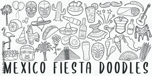 Mexico Fiesta  doodle icon set. Mexican Style Vector illustration collection. Cinco de Mayo Banner Hand drawn Line art style.