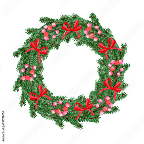 Christmas fir wreath with winter berries and red bows. Hand drawn watercolor illustration on white background. New Year card