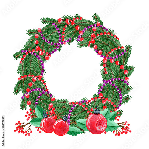 Christmas fir wreath with red, purple decorations, beads and winter berries. Hand drawn watercolor illustration on white background. New Year card 