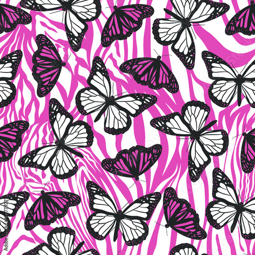 Seamless vector multicolor butterflies pattern. Butterfly on zebra print. Trendy animal motif wallpaper. Fashionable background for fabric  textile  design  banner  cover.