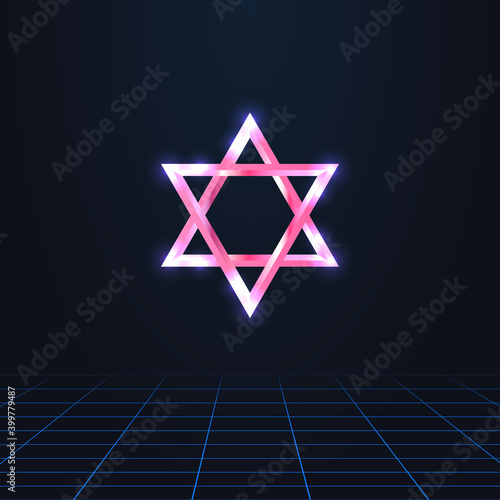 colorful simple vector illustration in 80s style of pink chrome religious sign of the star of david