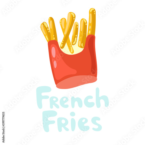 French fries kawaii vector icon in flat style. French fries in a paper wrapper box. American fast food. Roasted potato chips, heap of fried greasy potato sticks for poster, banner, menu template.