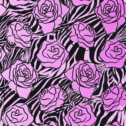 Seamless vector pink floral pattern. Flowers field on zebra print. Trendy animal motif with roses wallpaper. Fashionable background for fabric  textile  design  banner  cover.