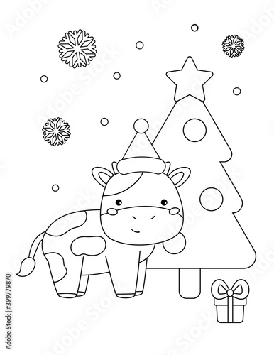 Coloring page for kids. Cute cartoon cow with Christmas tree and gift. Vector outline illustration. Happy New Year.