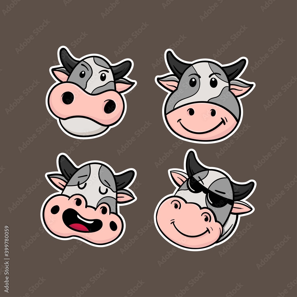 Set of Head Cow cartoon character with cute expression vector illustration Set of Head Cow cartoon character with cute expression vector illustration