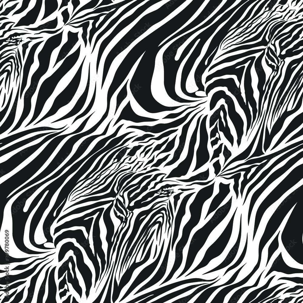 Fototapeta premium Seamless vector black and white zebra fur pattern. Stylish fashionable wild zebra print. Animal print background for fabric, textile, design, advertising banner.