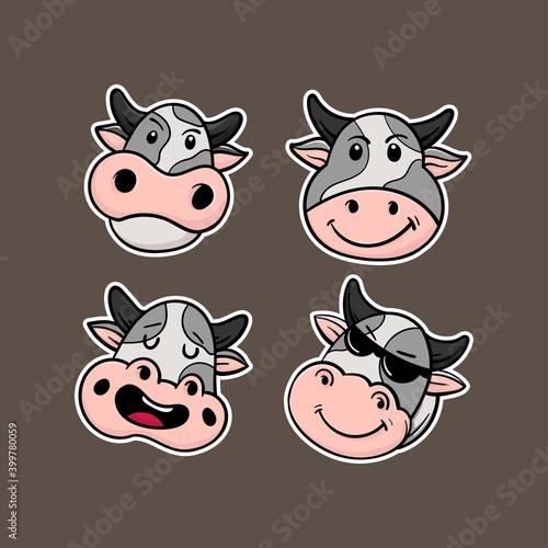 Set of Head Cow cartoon character with cute expression vector illustration