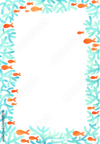 Photography Blue coral reef and orange color fish in the sea watercolor hand painting for decoration on summer holiday and ocean travel theme concept
