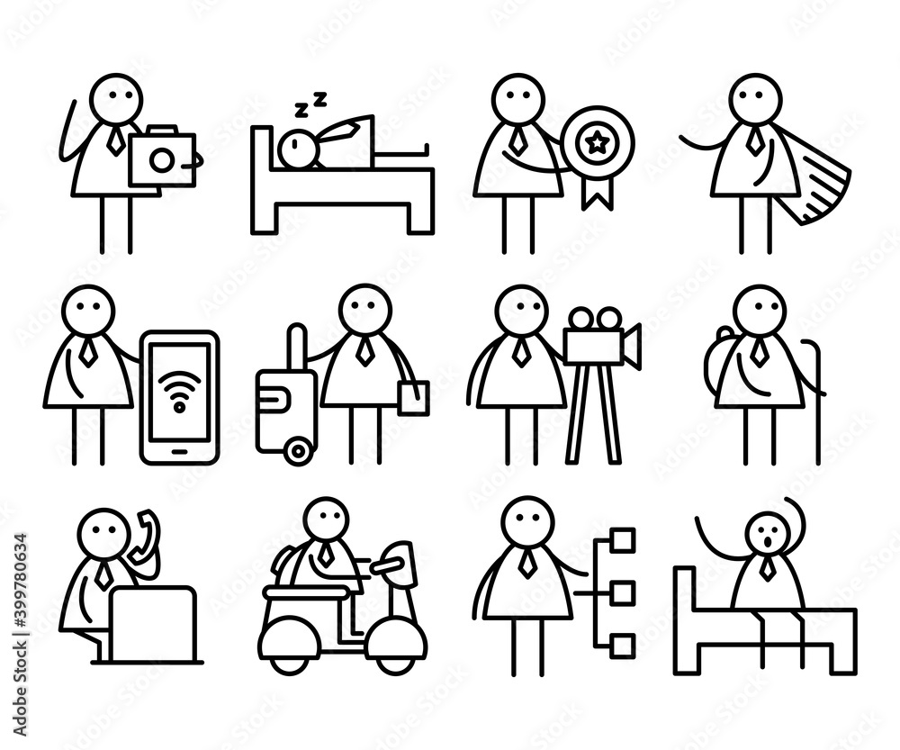 business people in various activities; businessman sleeping, holding prize, taking photo, riding bike and travelling business people in various activities; businessman sleeping, holding prize, taking photo, riding bike and travelling