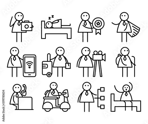 business people in various activities; businessman sleeping, holding prize, taking photo, riding bike and travelling 