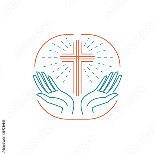Vector logo church. Catholic christian glowing cross with hands