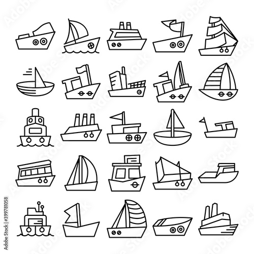 ship, boat, vessel, sailing boat icons set line theme