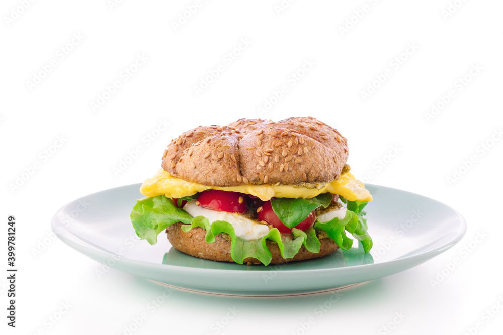 Burger on plate isolated on white Burger on plate isolated on white