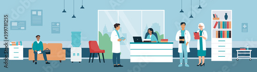 Hospital reception office hall with doctors and patient people vector illustration. Cartoon outpatient character waiting doctor checkup, medical workers standing near receptionist counter background