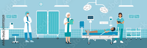 Surgery operating in hospital vector illustration. Cartoon medical workers team standing near hospitalized character lying in bed in modern surgical ward room interior, doctor checkup background