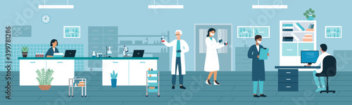 Doctor people work in medical laboratory vector illustration. Cartoon man woman medic researcher characters working with lab test tubes and flasks, scientists in analysis medicine research background