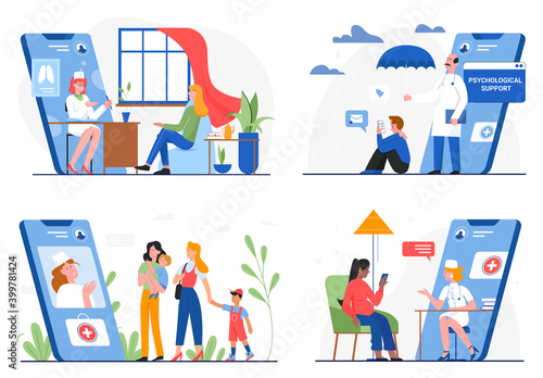 Healthcare medicine online service, doctor and patient vector illustration set. Cartoon medical consultation by phone collection with therapist, psychologist, pediatrician doctor help via smartphone