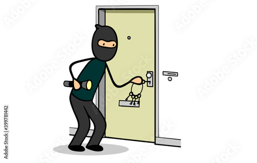 Cartoon Einbrecher an Tür mit Dietrich oder Nachschlüssel