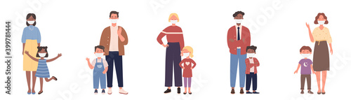 Parent people stand with children vector illustration set. Cartoon family characters standing together, mother, father and child wearing face medical mask to protect and care health isolated on white
