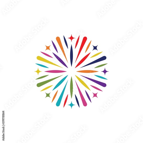 Decorative colorful fireworks explosions isolated on white background. New Year's Eve fireworks. Festive sparks and explosions. Vector illustration