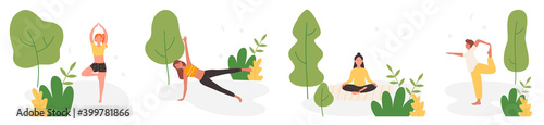 People do yoga activity in summer park vector illustration set. Cartoon active man woman yogist sitting in lotus yoga pose, stretching in yoga sports exercises in nature of city park isolated on white