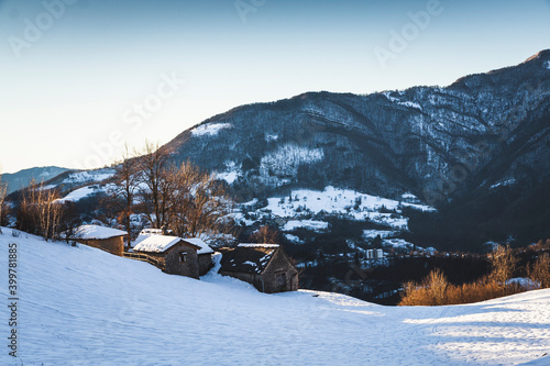 Snow covered Huts in Val Taleggio, Italy