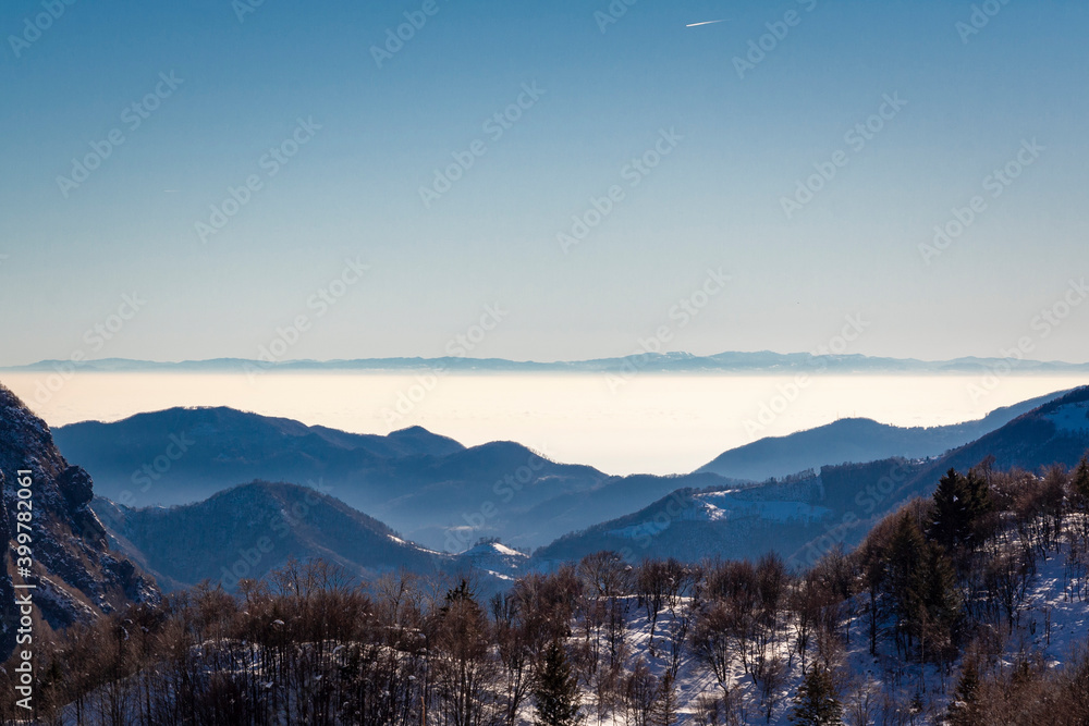 Landscape view of Italian Apennines from North Italian Alps