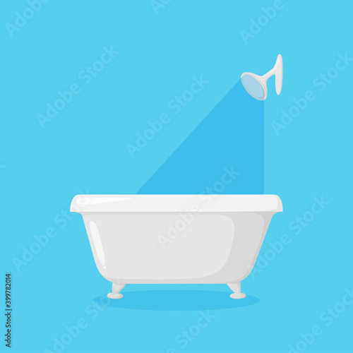 Bathtub for bathroom with shower anf falling water. White modern tub isolated in blue background. Vector illustration in cartoon style