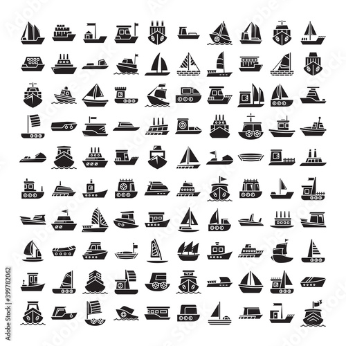 Fototapet big collection of ship, vessel, boat, yacht, cruise ship, ferry and ocean liner