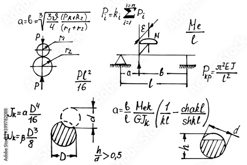 Physical notation with the equations, figures, schemes, plots and other calculations on whiteboard. Handwritten vector illustration. Scientific and educational background.