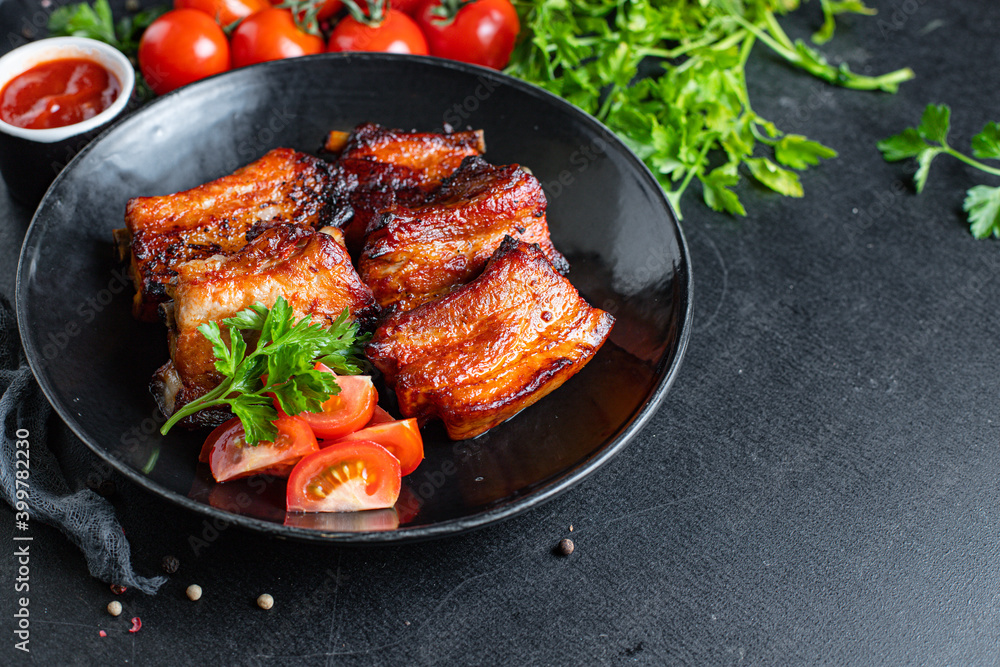 meat ribs piece grilled BBQ spice sauce second course snack ready to eat on the table meal top view copy space for text food background rustic meat ribs piece grilled BBQ spice sauce second course snack ready to eat on the table meal top view copy space for text food background rustic