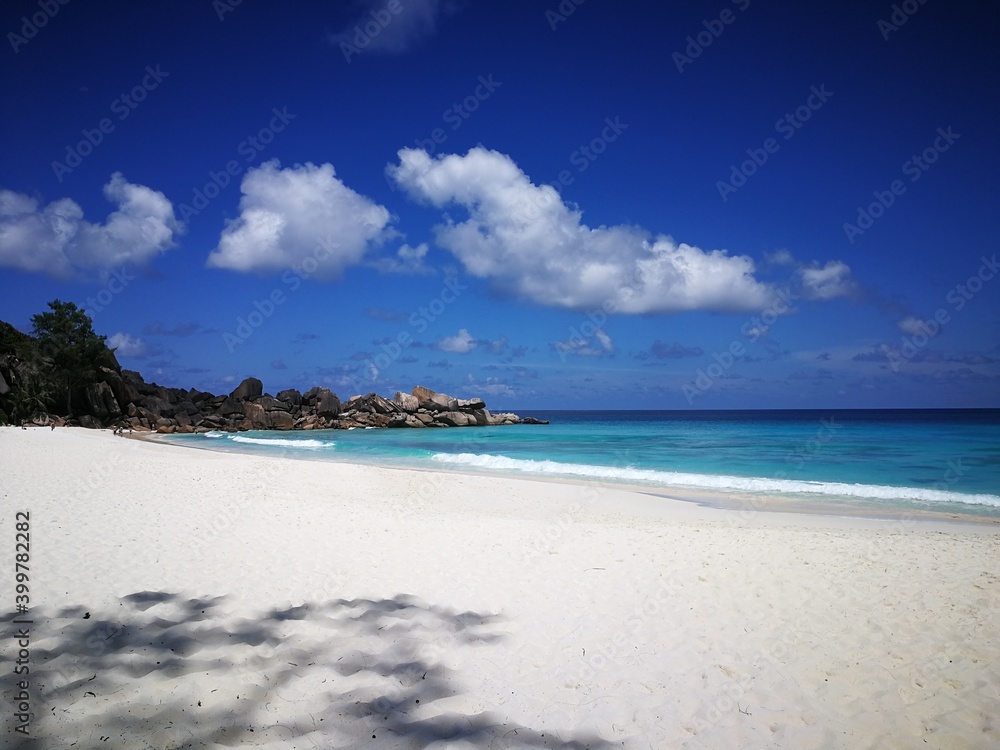 Beach and nature landscape in Seycheles, exotic islands, blue water, white sand beaches