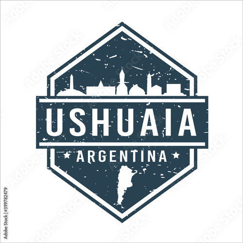 Ushuaia, Tierra del Fuego Province, Argentina Travel Stamp Icon. Skyline City Design Tourism Diamond. Vector Illustration Grunge Clip art Badge.